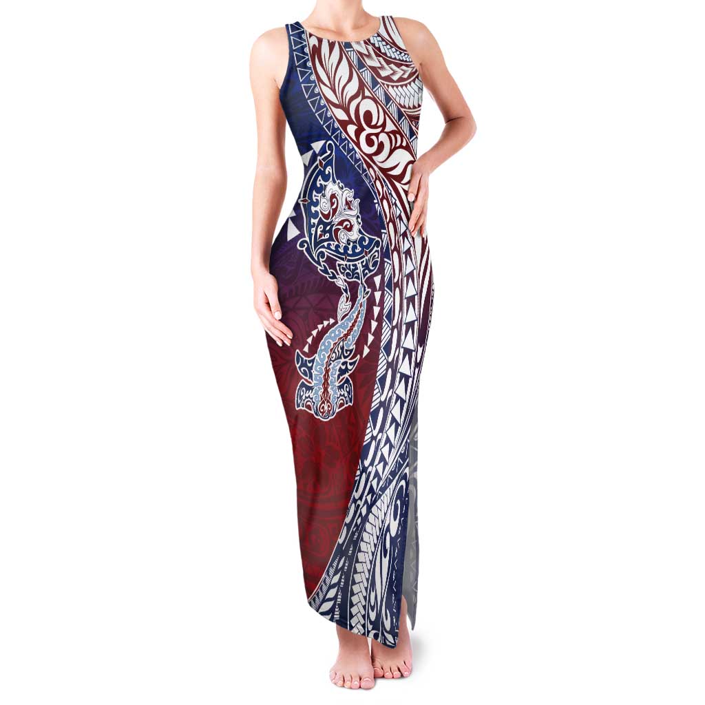 Hawaiian Manta Ray and Hammerhead Shark Tribal Tattoo Tank Maxi Dress with Polynesian Tribal Pattern Hawaii Flag Color LT03 Women Multicolor - Polynesian Pride