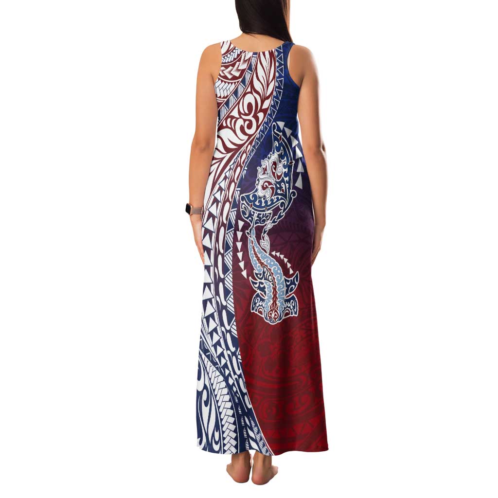 Hawaiian Manta Ray and Hammerhead Shark Tribal Tattoo Tank Maxi Dress with Polynesian Tribal Pattern Hawaii Flag Color LT03 - Polynesian Pride