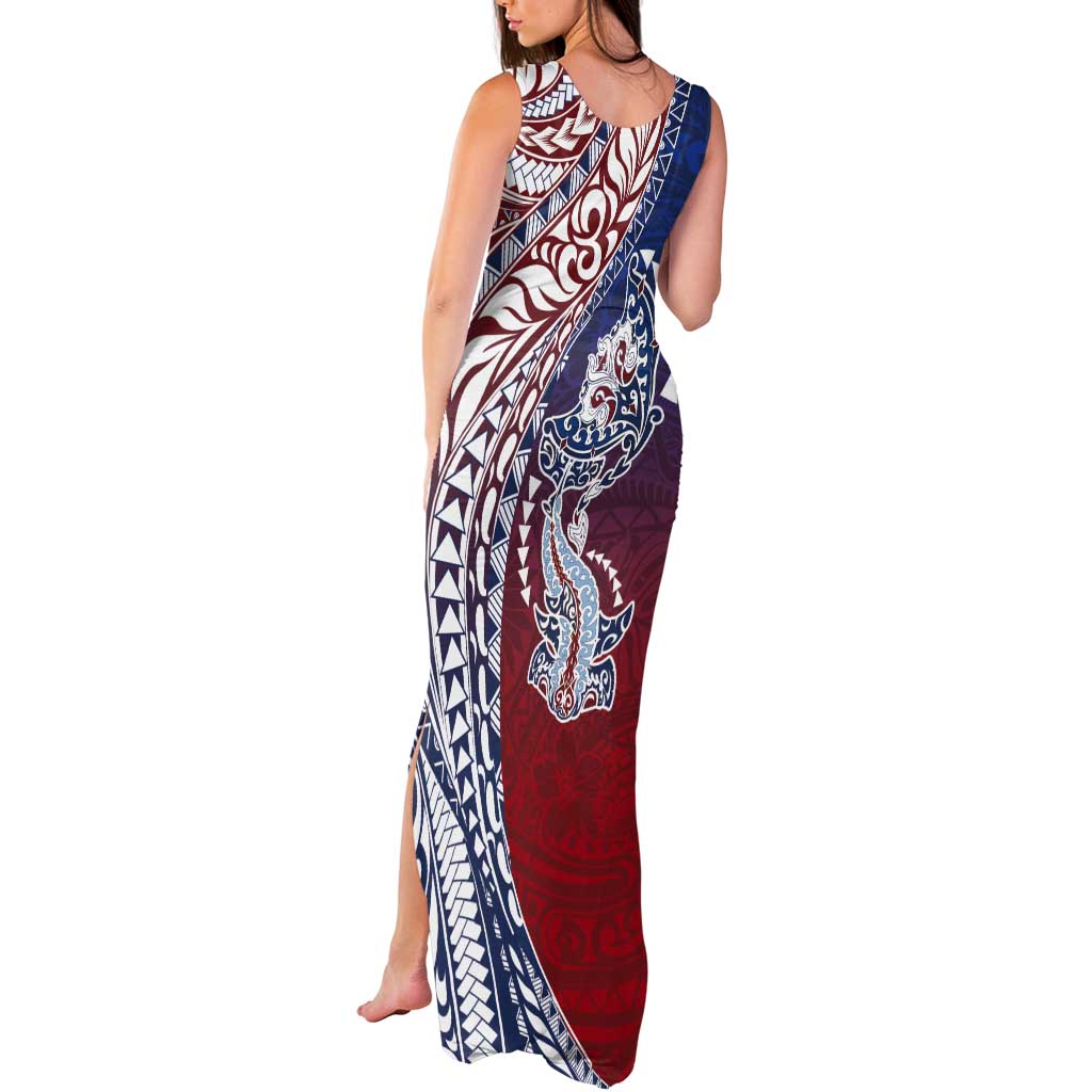 Hawaiian Manta Ray and Hammerhead Shark Tribal Tattoo Tank Maxi Dress with Polynesian Tribal Pattern Hawaii Flag Color LT03 - Polynesian Pride