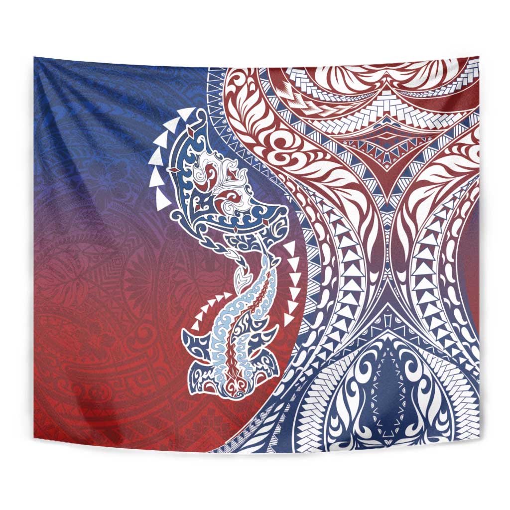 Hawaiian Manta Ray and Hammerhead Shark Tribal Tattoo Tapestry with Polynesian Tribal Pattern Hawaii Flag Color