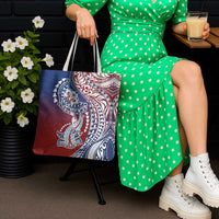 Hawaiian Manta Ray and Hammerhead Shark Tribal Tattoo Tote Bag with Polynesian Tribal Pattern Hawaii Flag Color