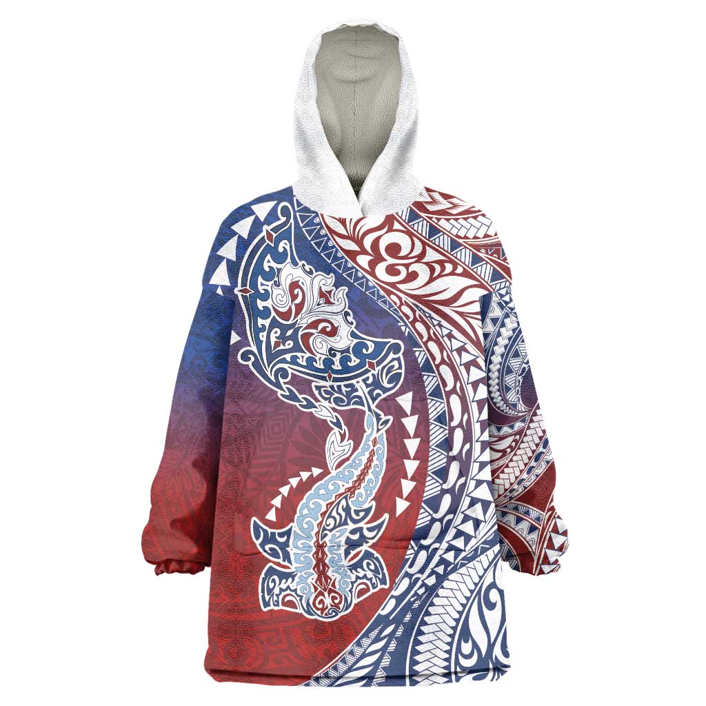 Hawaiian Manta Ray and Hammerhead Shark Tribal Tattoo Wearable Blanket Hoodie with Polynesian Tribal Pattern Hawaii Flag Color
