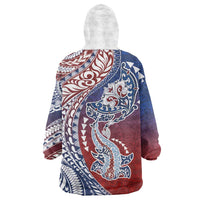 Hawaiian Manta Ray and Hammerhead Shark Tribal Tattoo Wearable Blanket Hoodie with Polynesian Tribal Pattern Hawaii Flag Color LT03 - Polynesian Pride