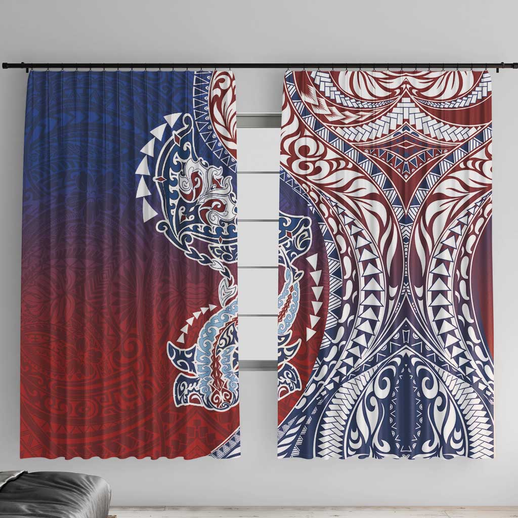 Hawaiian Manta Ray and Hammerhead Shark Tribal Tattoo Window Curtain with Polynesian Tribal Pattern Hawaii Flag Color