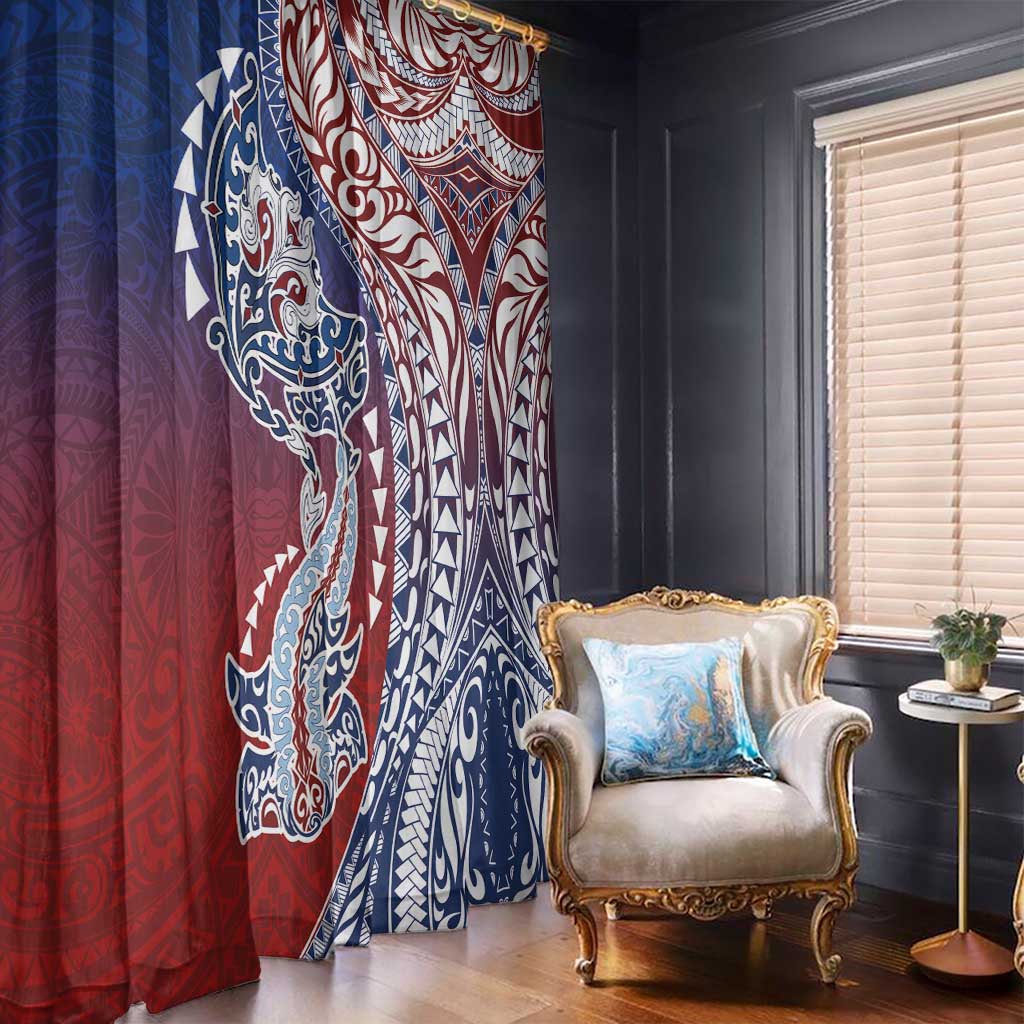 Hawaiian Manta Ray and Hammerhead Shark Tribal Tattoo Window Curtain with Polynesian Tribal Pattern Hawaii Flag Color