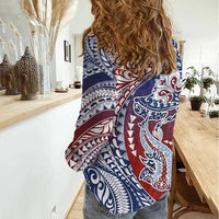 Hawaiian Manta Ray and Hammerhead Shark Tribal Tattoo Women Casual Shirt with Polynesian Tribal Pattern Hawaii Flag Color LT03 - Polynesian Pride