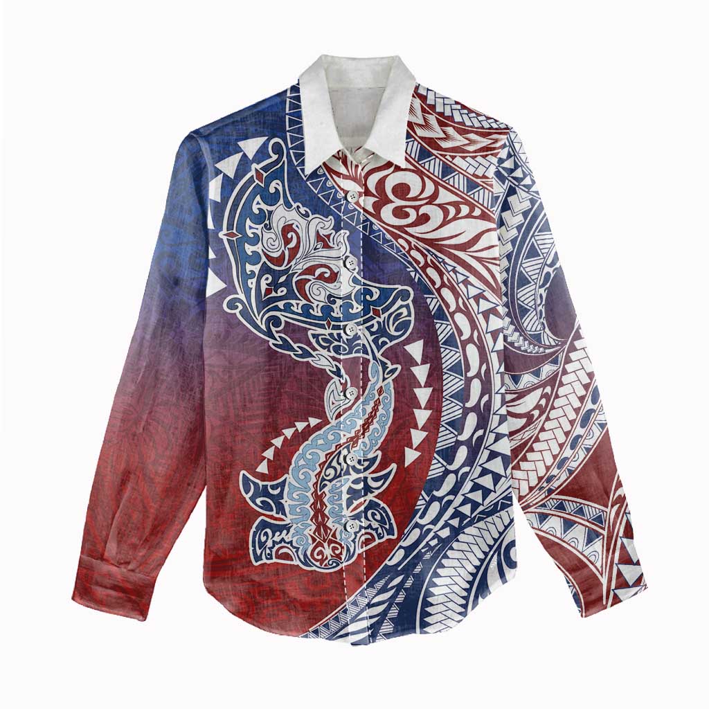 Hawaiian Manta Ray and Hammerhead Shark Tribal Tattoo Women Casual Shirt with Polynesian Tribal Pattern Hawaii Flag Color LT03 - Polynesian Pride