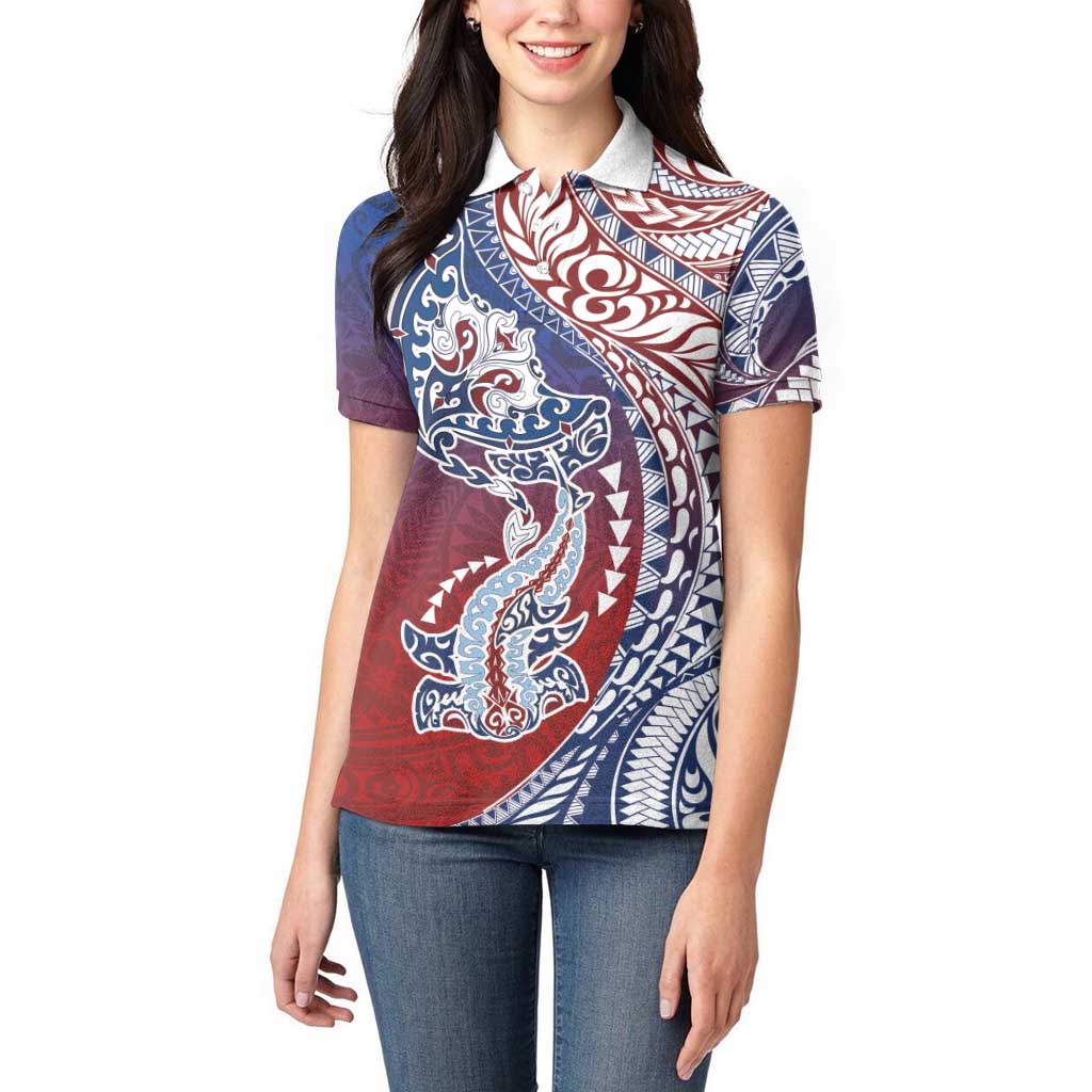 Hawaiian Manta Ray and Hammerhead Shark Tribal Tattoo Women Polo Shirt with Polynesian Tribal Pattern Hawaii Flag Color