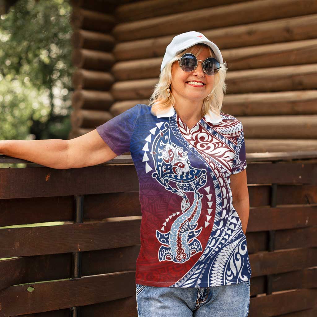 Hawaiian Manta Ray and Hammerhead Shark Tribal Tattoo Women Polo Shirt with Polynesian Tribal Pattern Hawaii Flag Color