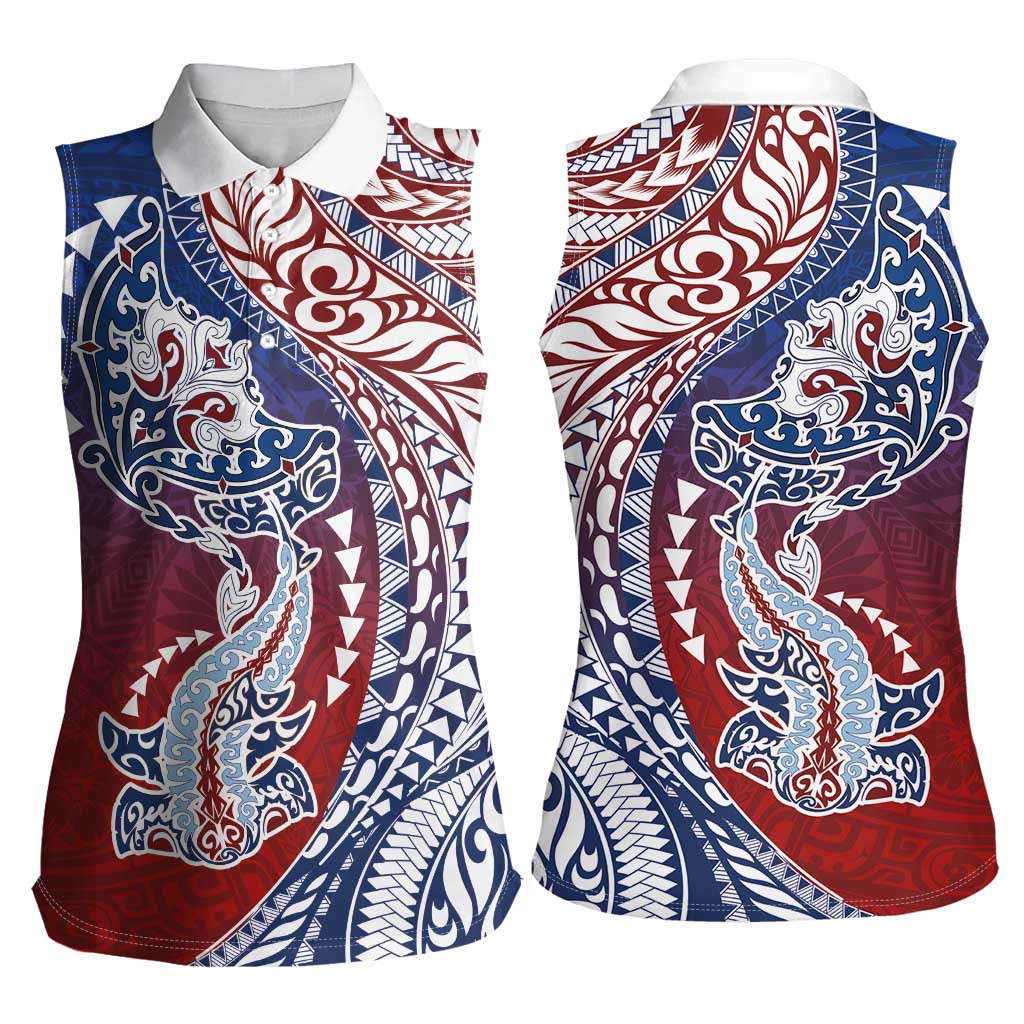 Hawaiian Manta Ray and Hammerhead Shark Tribal Tattoo Women Sleeveless Polo Shirt with Polynesian Tribal Pattern Hawaii Flag Color LT03 - Polynesian Pride