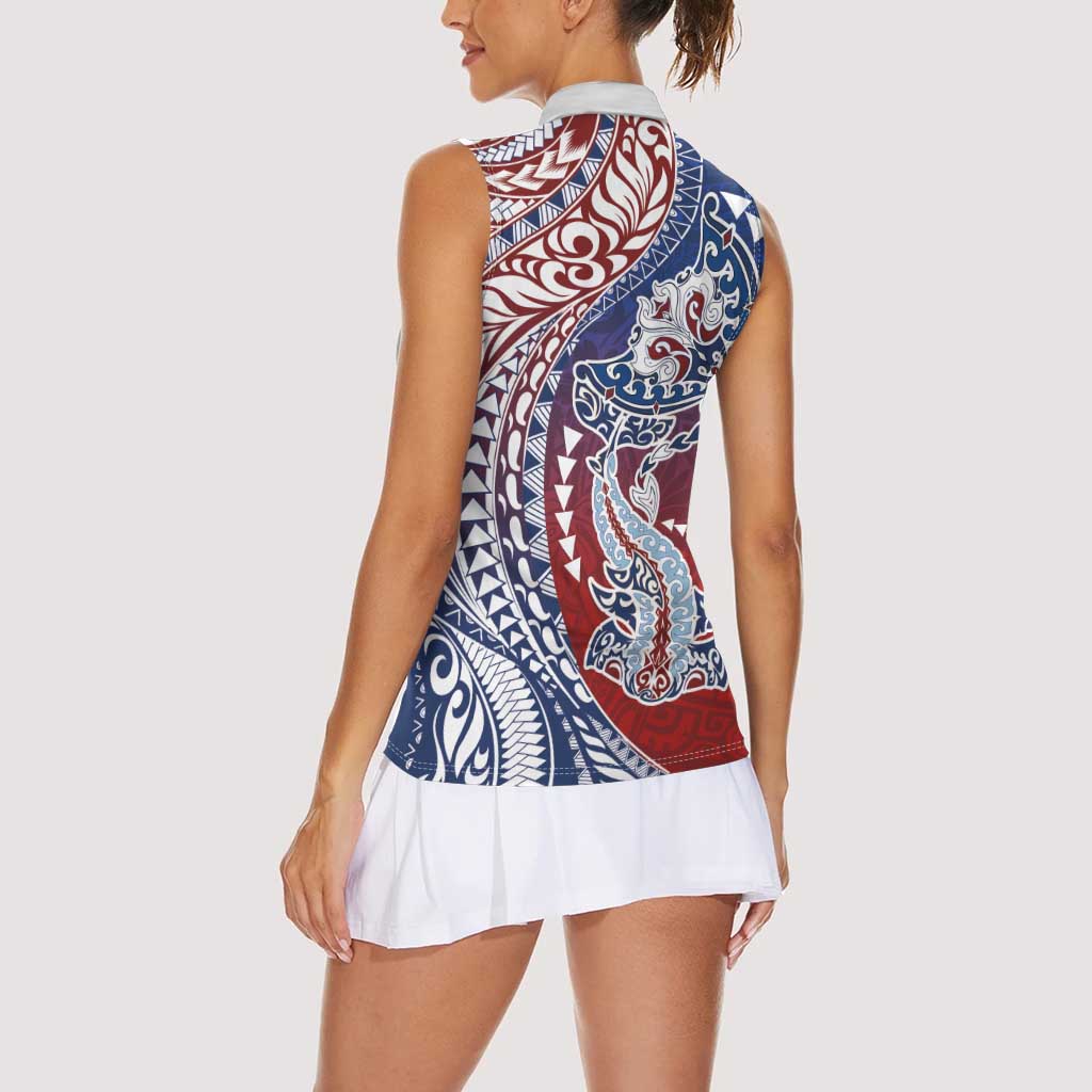 Hawaiian Manta Ray and Hammerhead Shark Tribal Tattoo Women Sleeveless Polo Shirt with Polynesian Tribal Pattern Hawaii Flag Color LT03 - Polynesian Pride
