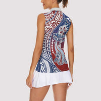 Hawaiian Manta Ray and Hammerhead Shark Tribal Tattoo Women Sleeveless Polo Shirt with Polynesian Tribal Pattern Hawaii Flag Color LT03 - Polynesian Pride