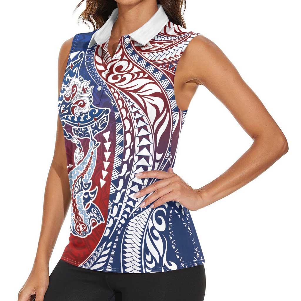 Hawaiian Manta Ray and Hammerhead Shark Tribal Tattoo Women Sleeveless Polo Shirt with Polynesian Tribal Pattern Hawaii Flag Color LT03 - Polynesian Pride