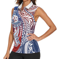 Hawaiian Manta Ray and Hammerhead Shark Tribal Tattoo Women Sleeveless Polo Shirt with Polynesian Tribal Pattern Hawaii Flag Color LT03 - Polynesian Pride