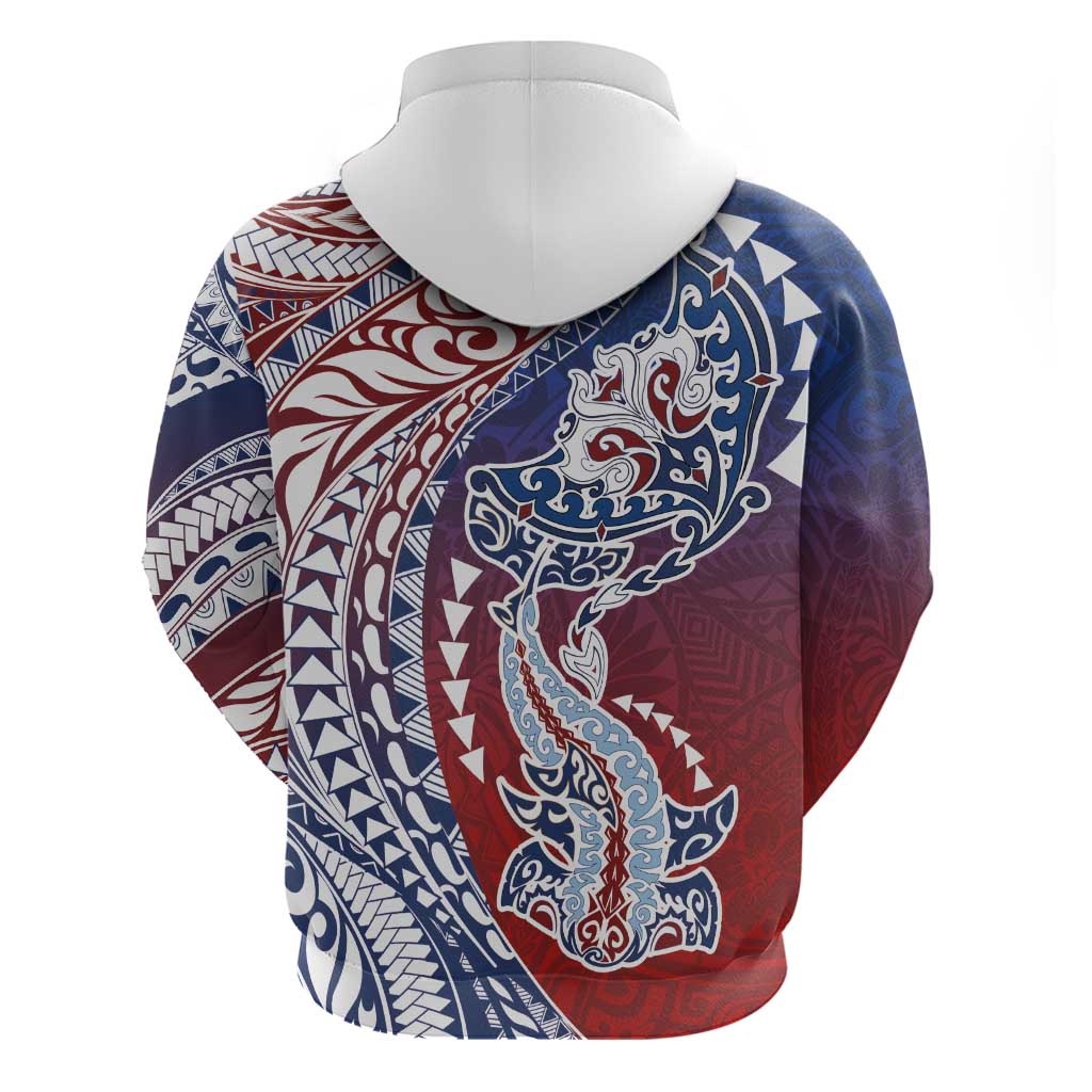 Hawaiian Manta Ray and Hammerhead Shark Tribal Tattoo Zip Hoodie with Polynesian Tribal Pattern Hawaii Flag Color