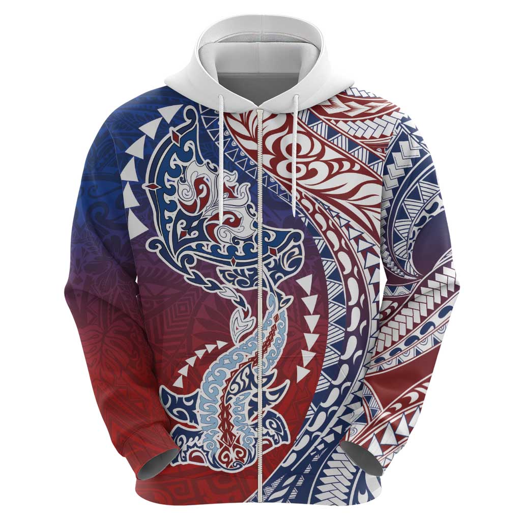 Hawaiian Manta Ray and Hammerhead Shark Tribal Tattoo Zip Hoodie with Polynesian Tribal Pattern Hawaii Flag Color