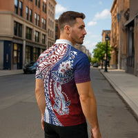 Hawaiian Manta Ray and Hammerhead Shark Tribal Tattoo Zipper Polo Shirt with Polynesian Tribal Pattern Hawaii Flag Color LT03 - Polynesian Pride