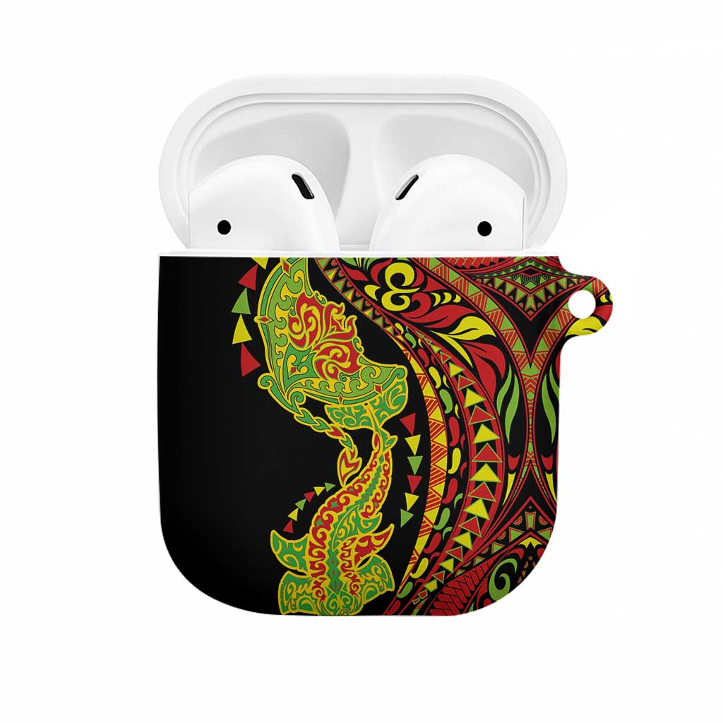 Hawaiian Manta Ray and Hammerhead Shark Tribal Tattoo AirPods Case with Polynesian Tribal Pattern Kanaka Maoli Flag Color