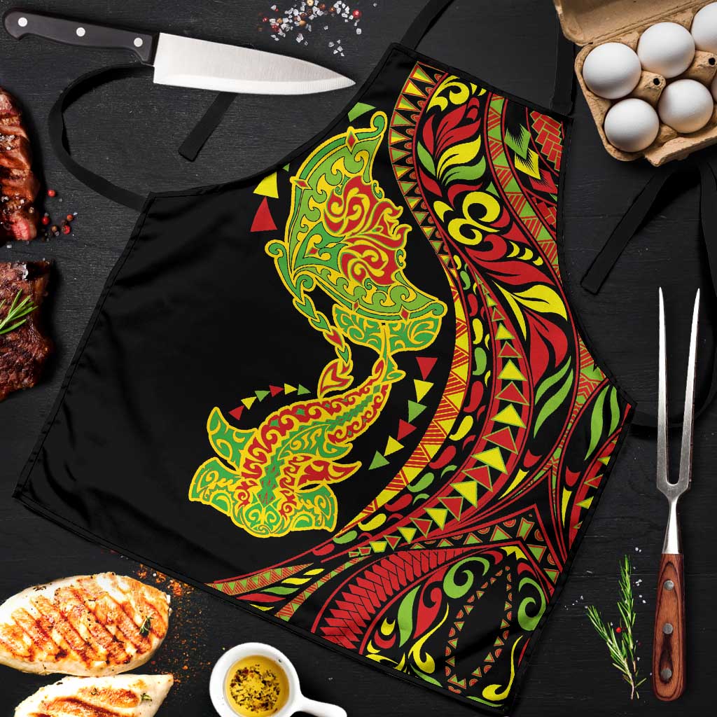 Hawaiian Manta Ray and Hammerhead Shark Tribal Tattoo Apron with Polynesian Tribal Pattern Kanaka Maoli Flag Color