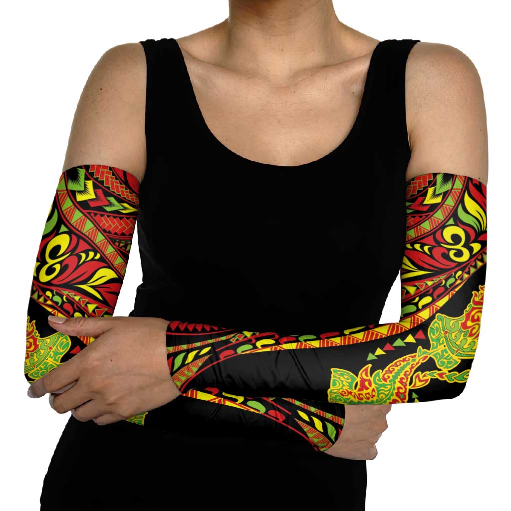 Hawaiian Manta Ray and Hammerhead Shark Tribal Tattoo Arm Sleeves with Polynesian Tribal Pattern Kanaka Maoli Flag Color LT03 - Polynesian Pride