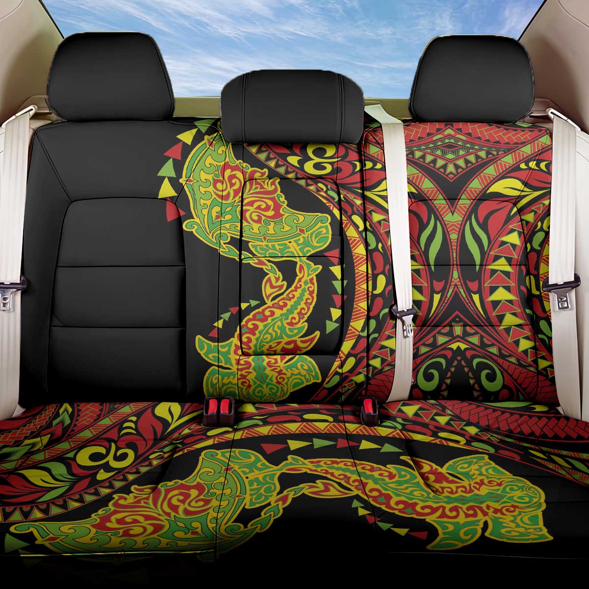 Hawaiian Manta Ray and Hammerhead Shark Tribal Tattoo Back Car Seat Cover with Polynesian Tribal Pattern Kanaka Maoli Flag Color LT03 One Size Multicolor - Polynesian Pride
