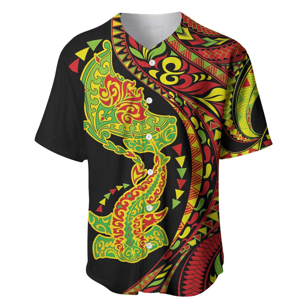 Hawaiian Manta Ray and Hammerhead Shark Tribal Tattoo Baseball Jersey with Polynesian Tribal Pattern Kanaka Maoli Flag Color LT03 Multicolor - Polynesian Pride