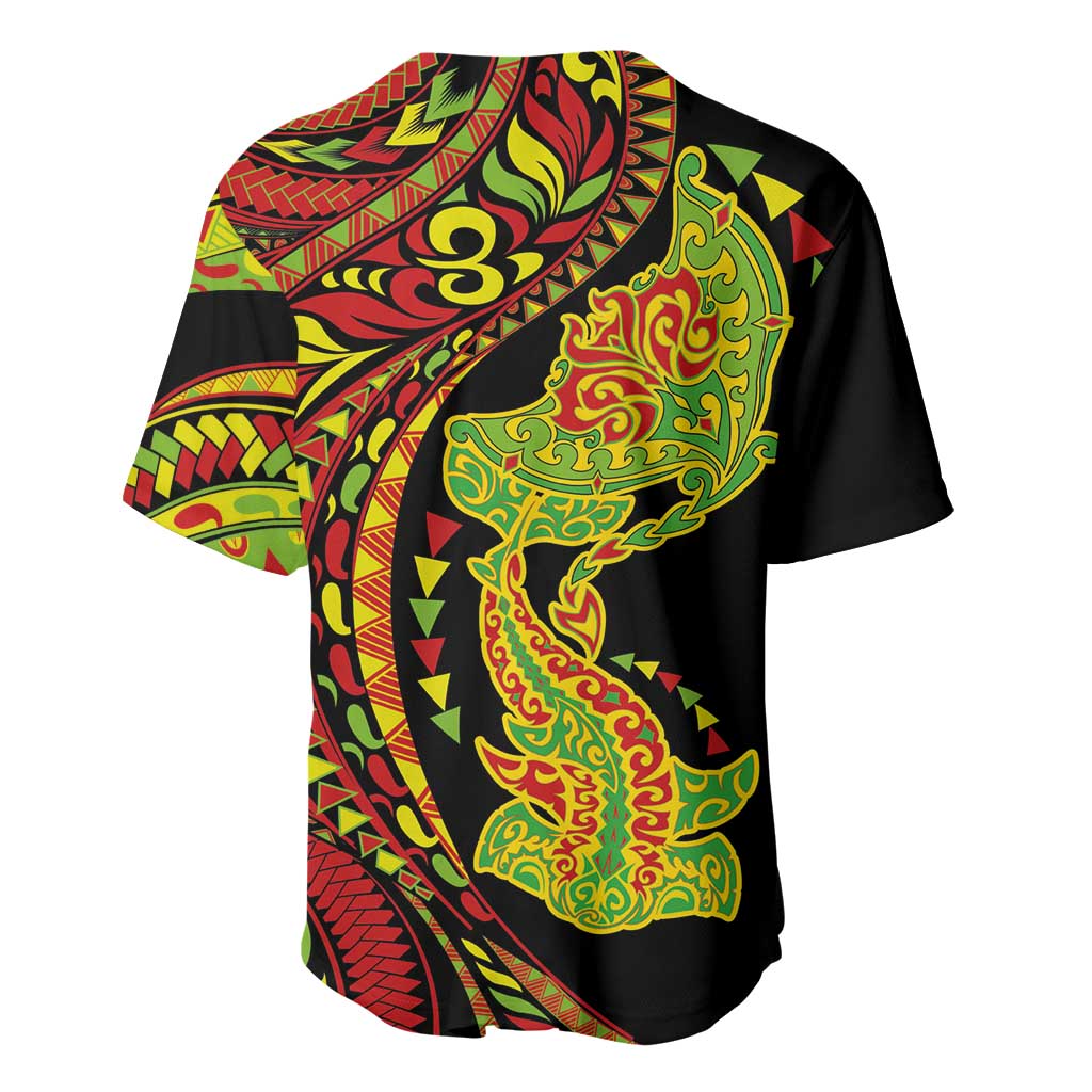 Hawaiian Manta Ray and Hammerhead Shark Tribal Tattoo Baseball Jersey with Polynesian Tribal Pattern Kanaka Maoli Flag Color LT03 - Polynesian Pride