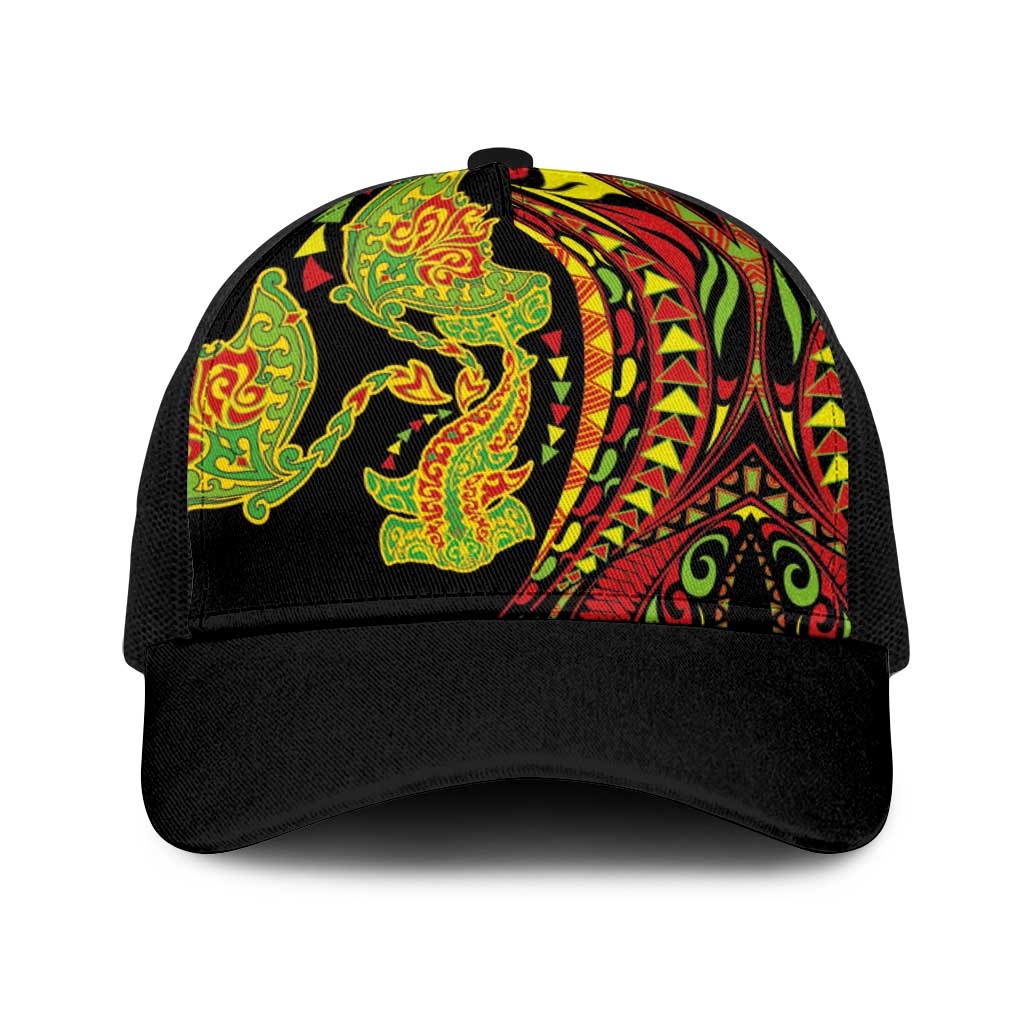 Hawaiian Manta Ray and Hammerhead Shark Tribal Tattoo Baseball Net Cap with Polynesian Tribal Pattern Kanaka Maoli Flag Color