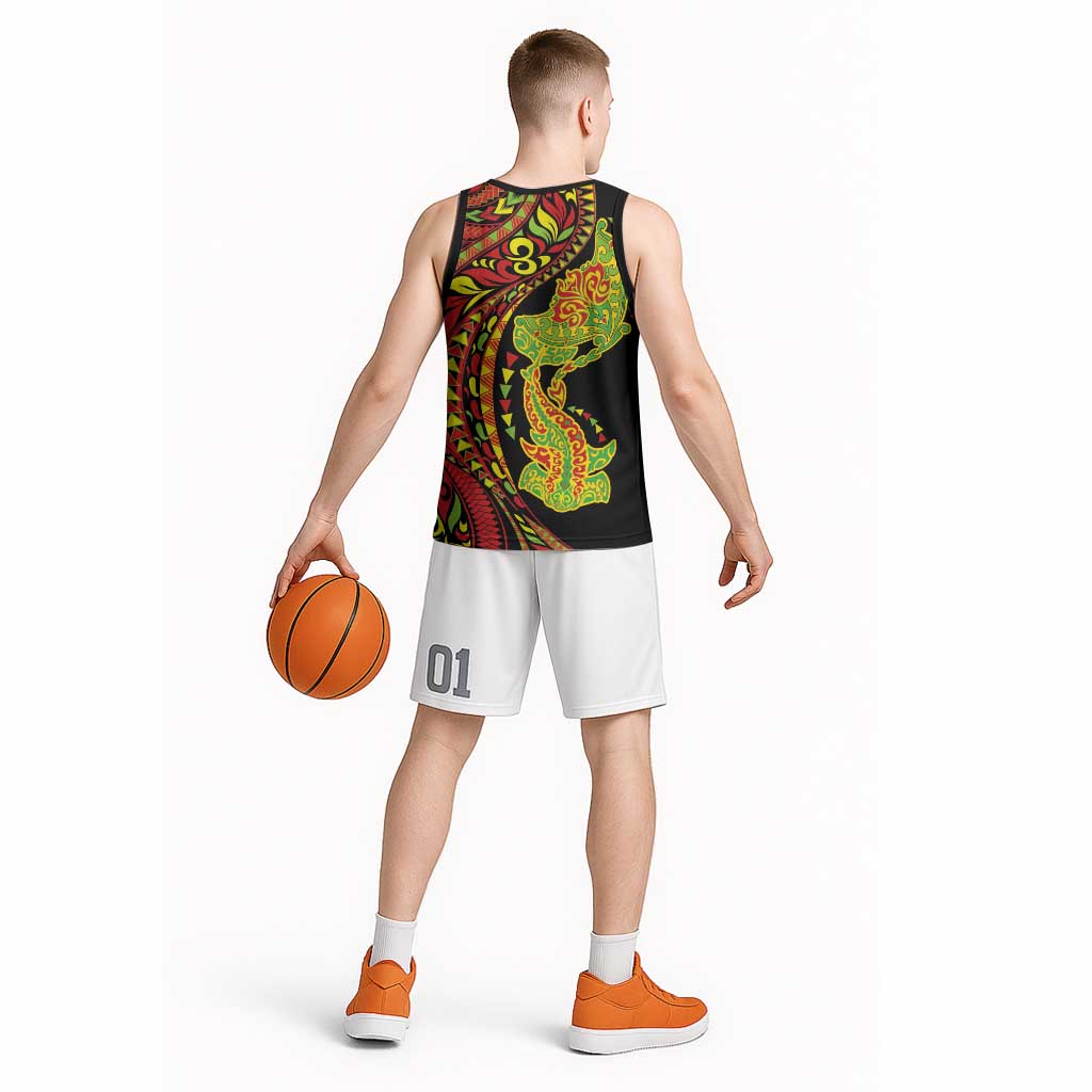 Hawaiian Manta Ray and Hammerhead Shark Tribal Tattoo Basketball Jersey with Polynesian Tribal Pattern Kanaka Maoli Flag Color LT03 - Polynesian Pride