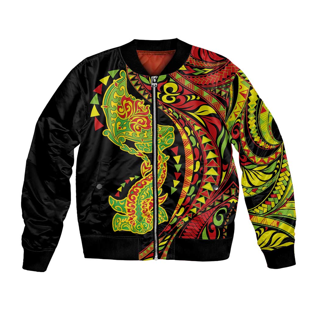Hawaiian Manta Ray and Hammerhead Shark Tribal Tattoo Bomber Jacket with Polynesian Tribal Pattern Kanaka Maoli Flag Color