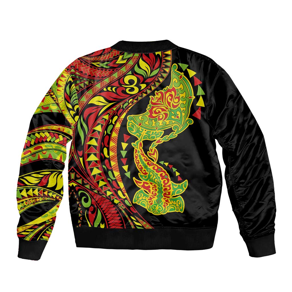 Hawaiian Manta Ray and Hammerhead Shark Tribal Tattoo Bomber Jacket with Polynesian Tribal Pattern Kanaka Maoli Flag Color