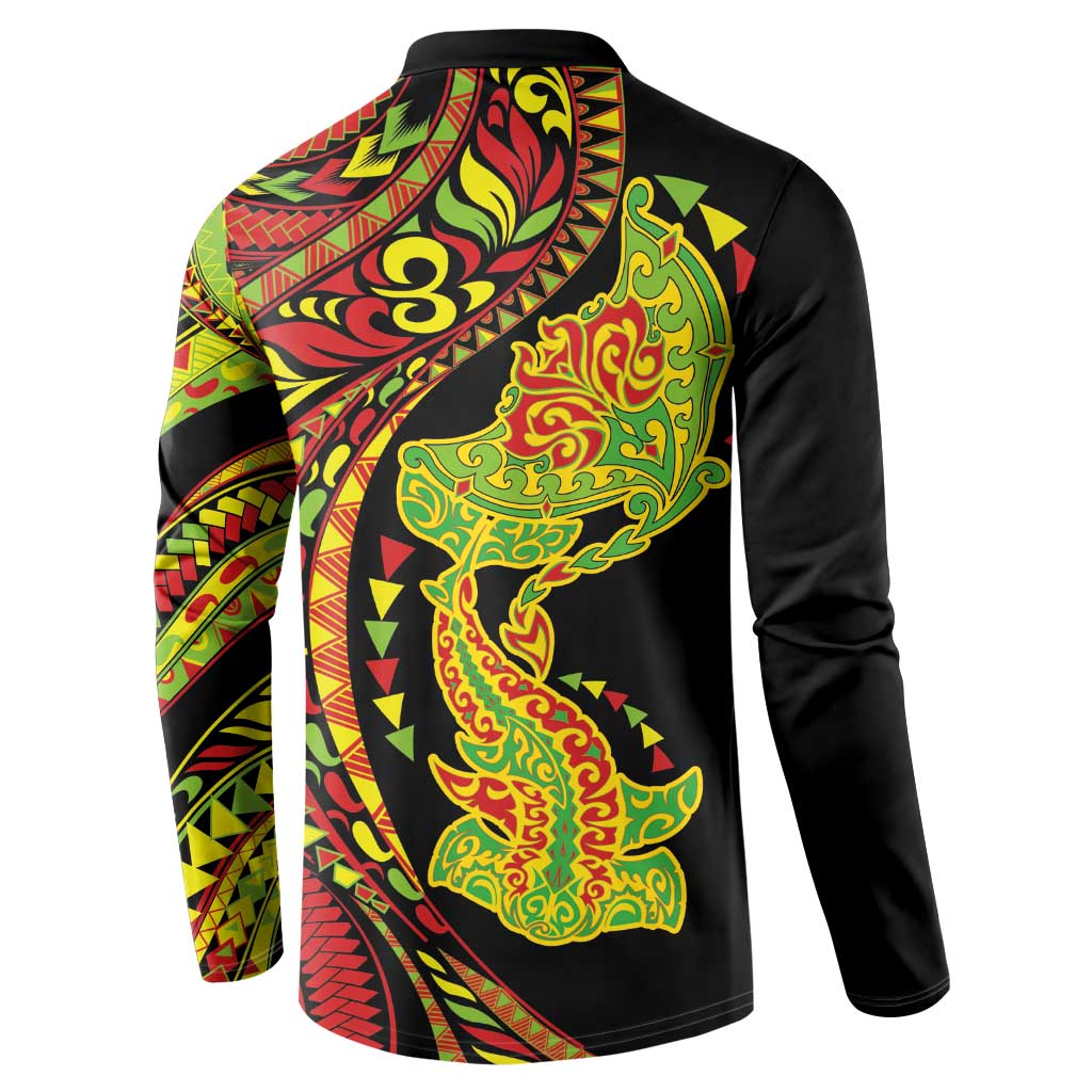 Hawaiian Manta Ray and Hammerhead Shark Tribal Tattoo Button Sweatshirt with Polynesian Tribal Pattern Kanaka Maoli Flag Color
