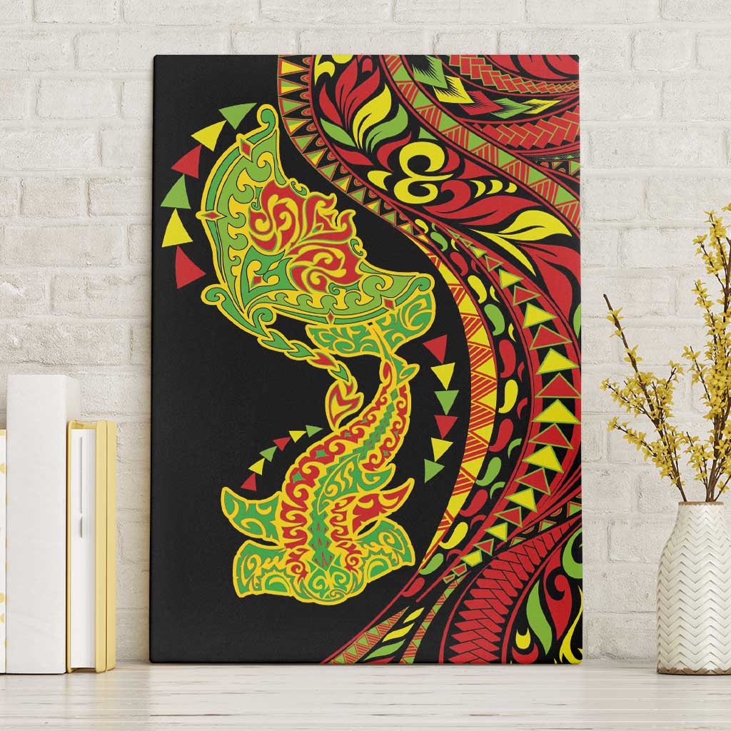 Hawaiian Manta Ray and Hammerhead Shark Tribal Tattoo Canvas Wall Art with Polynesian Tribal Pattern Kanaka Maoli Flag Color