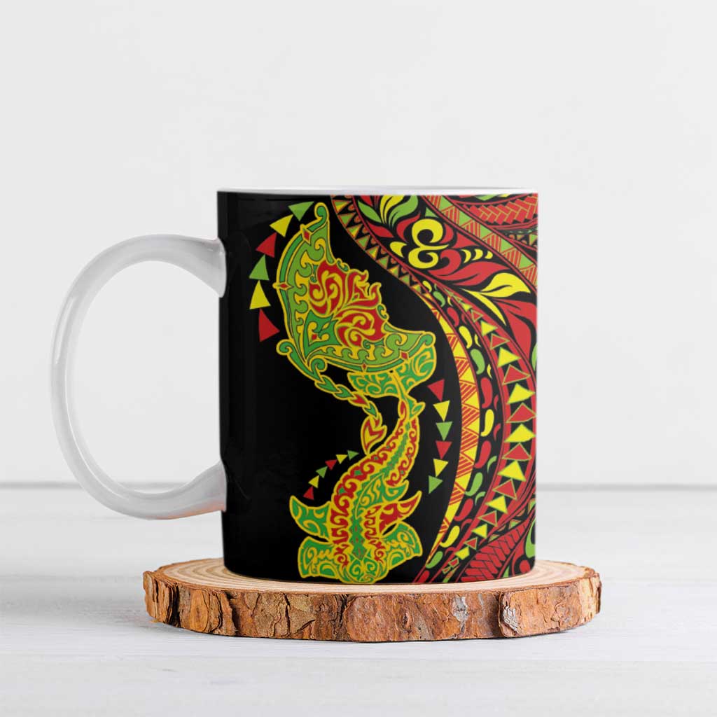 Hawaiian Manta Ray and Hammerhead Shark Tribal Tattoo Ceramic Mug with Polynesian Tribal Pattern Kanaka Maoli Flag Color