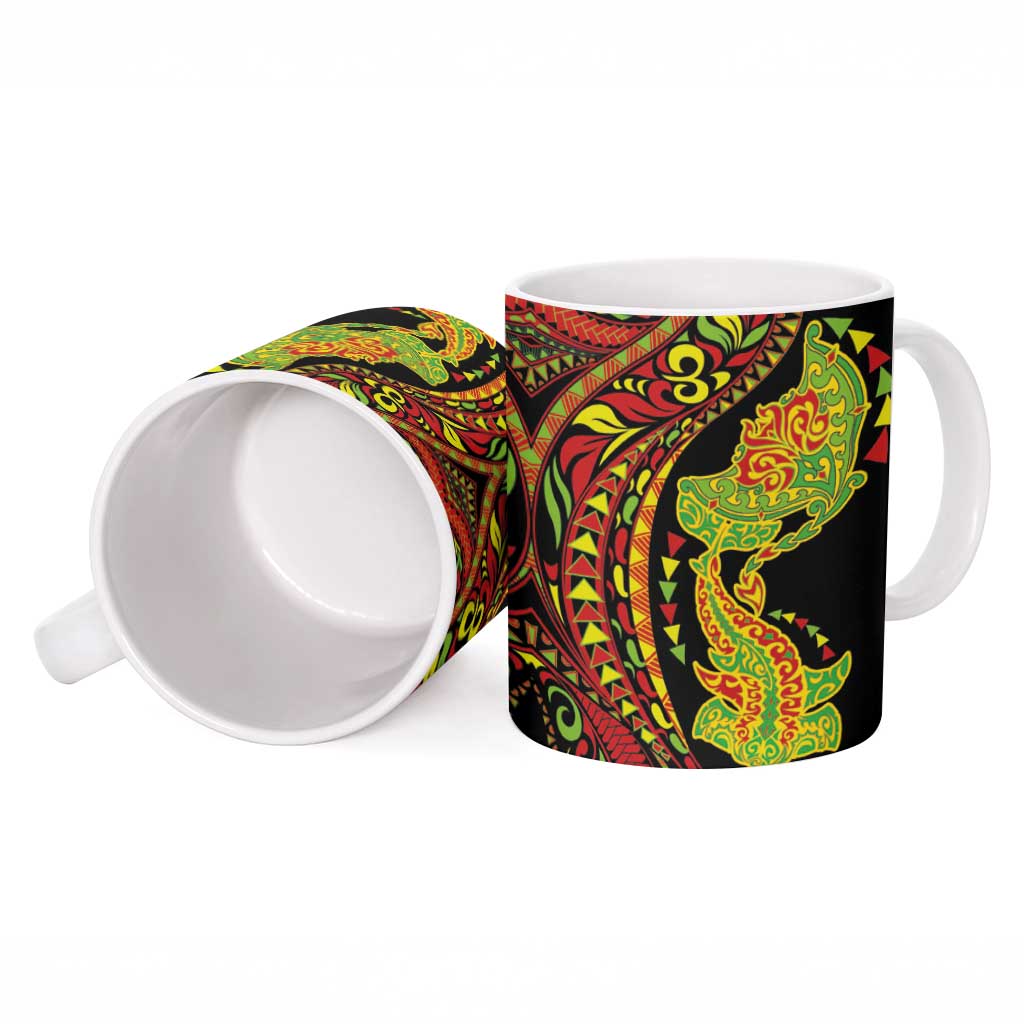 Hawaiian Manta Ray and Hammerhead Shark Tribal Tattoo Ceramic Mug with Polynesian Tribal Pattern Kanaka Maoli Flag Color
