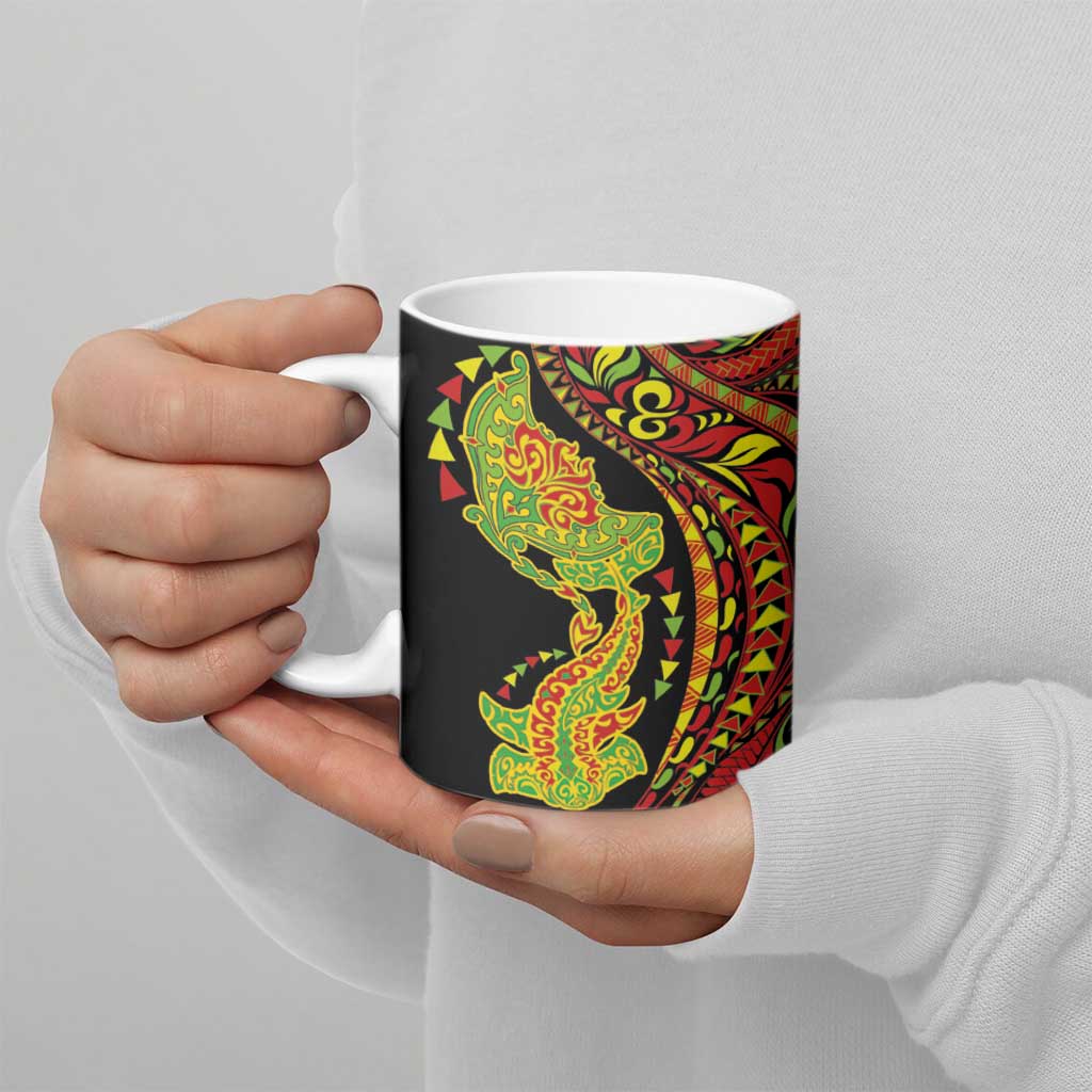 Hawaiian Manta Ray and Hammerhead Shark Tribal Tattoo Ceramic Mug with Polynesian Tribal Pattern Kanaka Maoli Flag Color