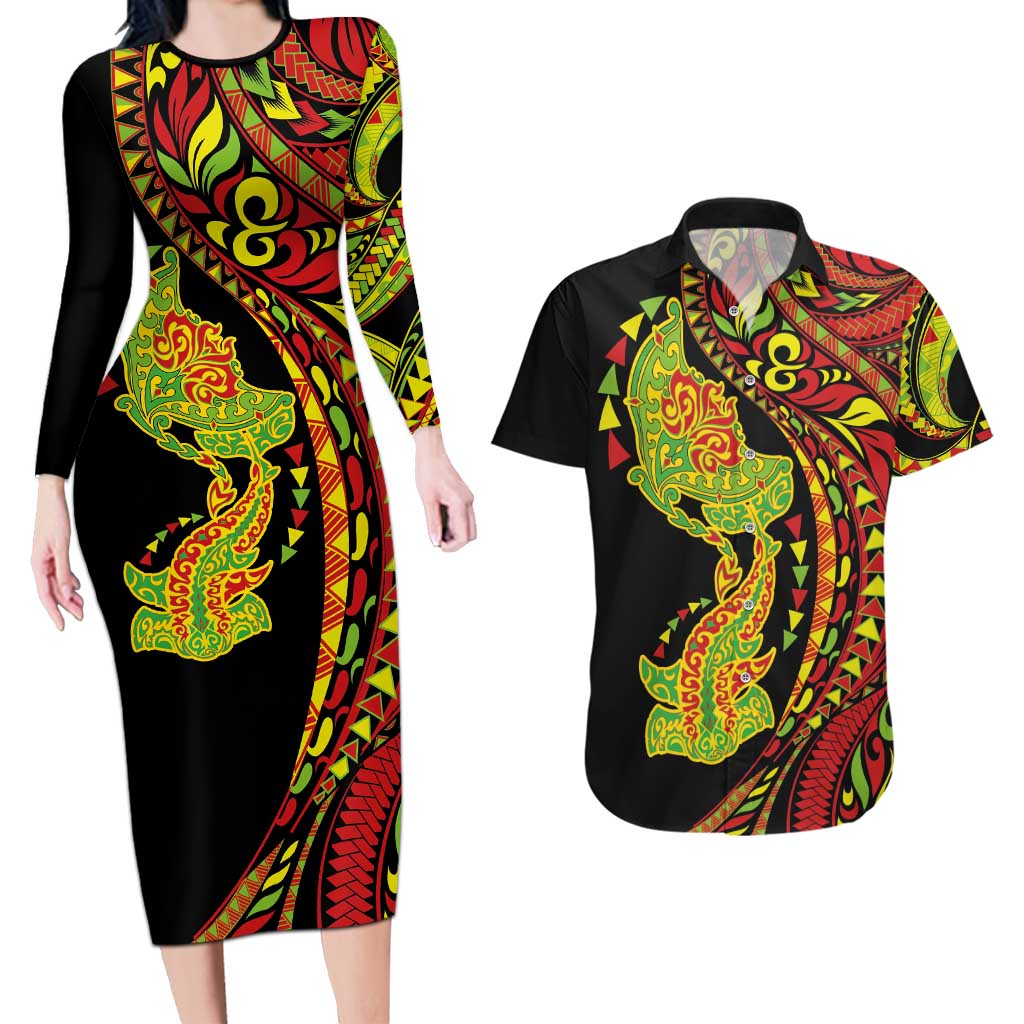 Hawaiian Manta Ray and Hammerhead Shark Tribal Tattoo Couples Matching Long Sleeve Bodycon Dress and Hawaiian Shirt with Polynesian Tribal Pattern Kanaka Maoli Flag Color LT03 Multicolor - Polynesian Pride
