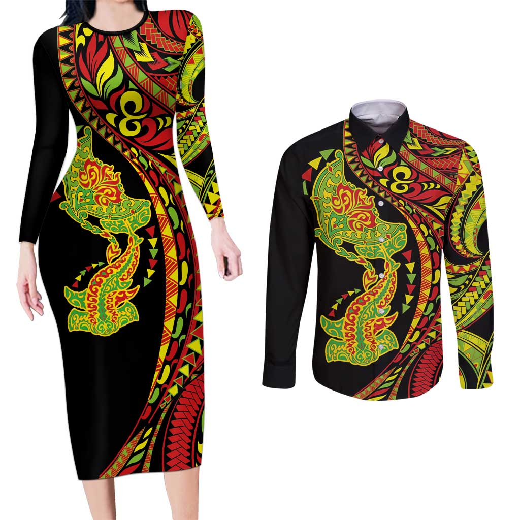 Hawaiian Manta Ray and Hammerhead Shark Tribal Tattoo Couples Matching Long Sleeve Bodycon Dress and Long Sleeve Button Shirt with Polynesian Tribal Pattern Kanaka Maoli Flag Color LT03 Multicolor - Polynesian Pride