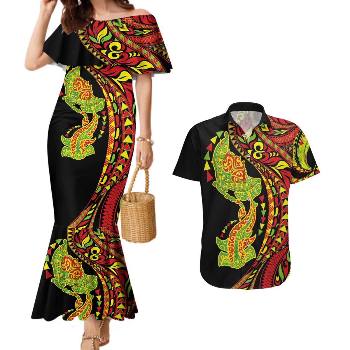 Hawaiian Manta Ray and Hammerhead Shark Tribal Tattoo Couples Matching Mermaid Dress and Hawaiian Shirt with Polynesian Tribal Pattern Kanaka Maoli Flag Color
