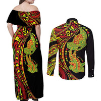 Hawaiian Manta Ray and Hammerhead Shark Tribal Tattoo Couples Matching Off Shoulder Maxi Dress and Long Sleeve Button Shirt with Polynesian Tribal Pattern Kanaka Maoli Flag Color LT03 - Polynesian Pride