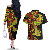 Hawaiian Manta Ray and Hammerhead Shark Tribal Tattoo Couples Matching Off The Shoulder Long Sleeve Dress and Hawaiian Shirt with Polynesian Tribal Pattern Kanaka Maoli Flag Color LT03 - Polynesian Pride