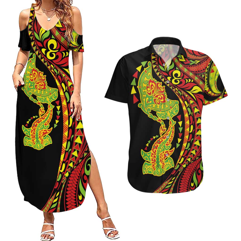 Hawaiian Manta Ray and Hammerhead Shark Tribal Tattoo Couples Matching Summer Maxi Dress and Hawaiian Shirt with Polynesian Tribal Pattern Kanaka Maoli Flag Color