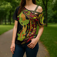 Hawaiian Manta Ray and Hammerhead Shark Tribal Tattoo Cross Shoulder Shirt with Polynesian Tribal Pattern Kanaka Maoli Flag Color LT03 - Polynesian Pride