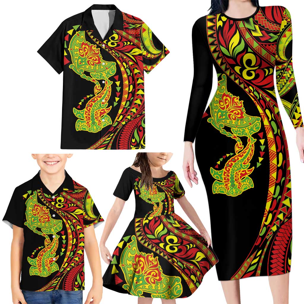 Hawaiian Manta Ray and Hammerhead Shark Tribal Tattoo Family Matching Long Sleeve Bodycon Dress and Hawaiian Shirt with Polynesian Tribal Pattern Kanaka Maoli Flag Color LT03 - Polynesian Pride