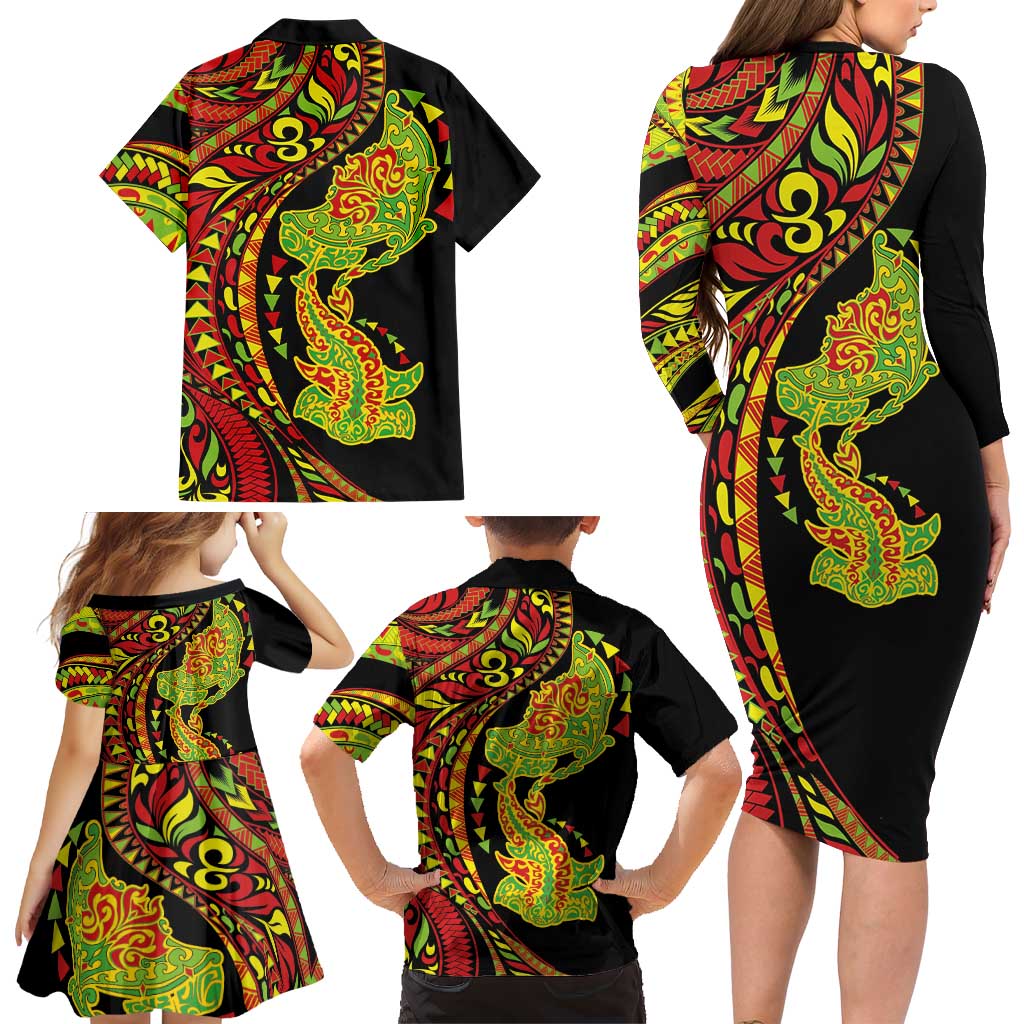 Hawaiian Manta Ray and Hammerhead Shark Tribal Tattoo Family Matching Long Sleeve Bodycon Dress and Hawaiian Shirt with Polynesian Tribal Pattern Kanaka Maoli Flag Color LT03 - Polynesian Pride