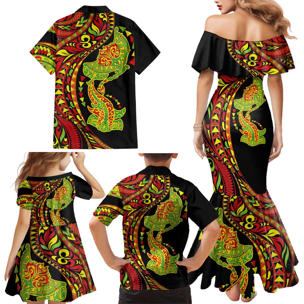 Hawaiian Manta Ray and Hammerhead Shark Tribal Tattoo Family Matching Mermaid Dress and Hawaiian Shirt with Polynesian Tribal Pattern Kanaka Maoli Flag Color LT03 - Polynesian Pride