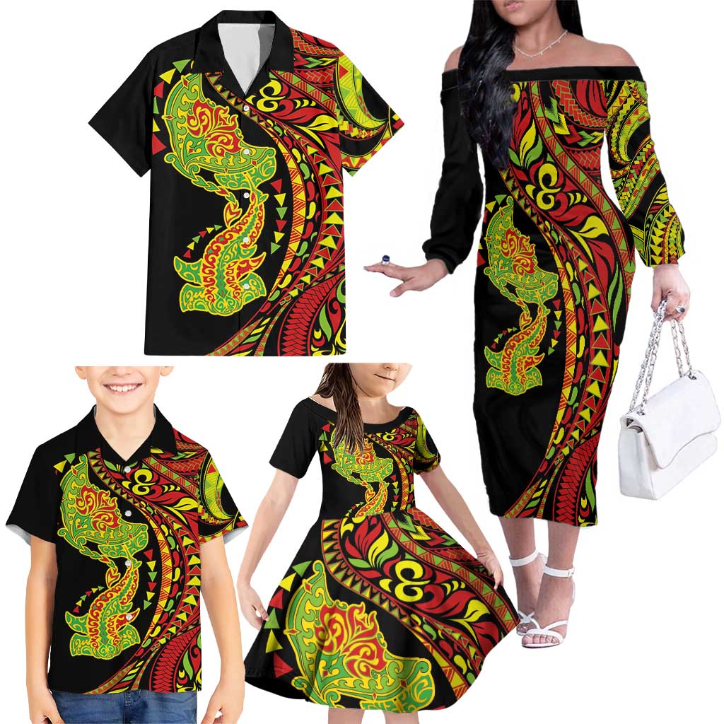 Hawaiian Manta Ray and Hammerhead Shark Tribal Tattoo Family Matching Off The Shoulder Long Sleeve Dress and Hawaiian Shirt with Polynesian Tribal Pattern Kanaka Maoli Flag Color LT03 - Polynesian Pride