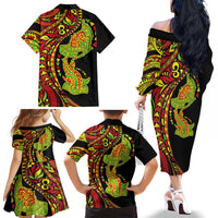 Hawaiian Manta Ray and Hammerhead Shark Tribal Tattoo Family Matching Off The Shoulder Long Sleeve Dress and Hawaiian Shirt with Polynesian Tribal Pattern Kanaka Maoli Flag Color LT03 - Polynesian Pride