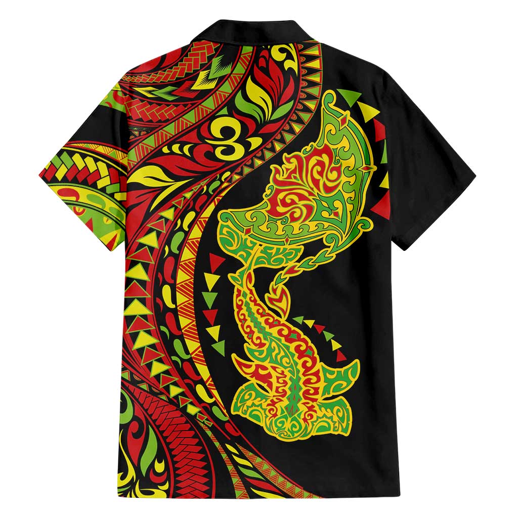 Hawaiian Manta Ray and Hammerhead Shark Tribal Tattoo Family Matching Off The Shoulder Long Sleeve Dress and Hawaiian Shirt with Polynesian Tribal Pattern Kanaka Maoli Flag Color LT03 - Polynesian Pride