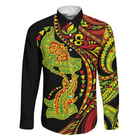 Hawaiian Manta Ray and Hammerhead Shark Tribal Tattoo Family Matching Off The Shoulder Long Sleeve Dress and Hawaiian Shirt with Polynesian Tribal Pattern Kanaka Maoli Flag Color LT03 Dad's Shirt - Long Sleeve Multicolor - Polynesian Pride